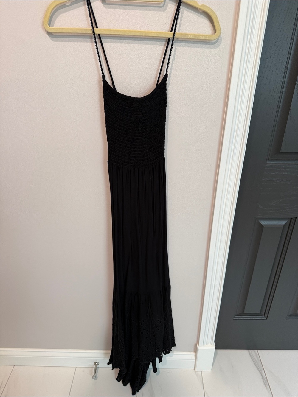 Maaji Black Smocked Bodice Maxi Dress with Lace Hem Detailing